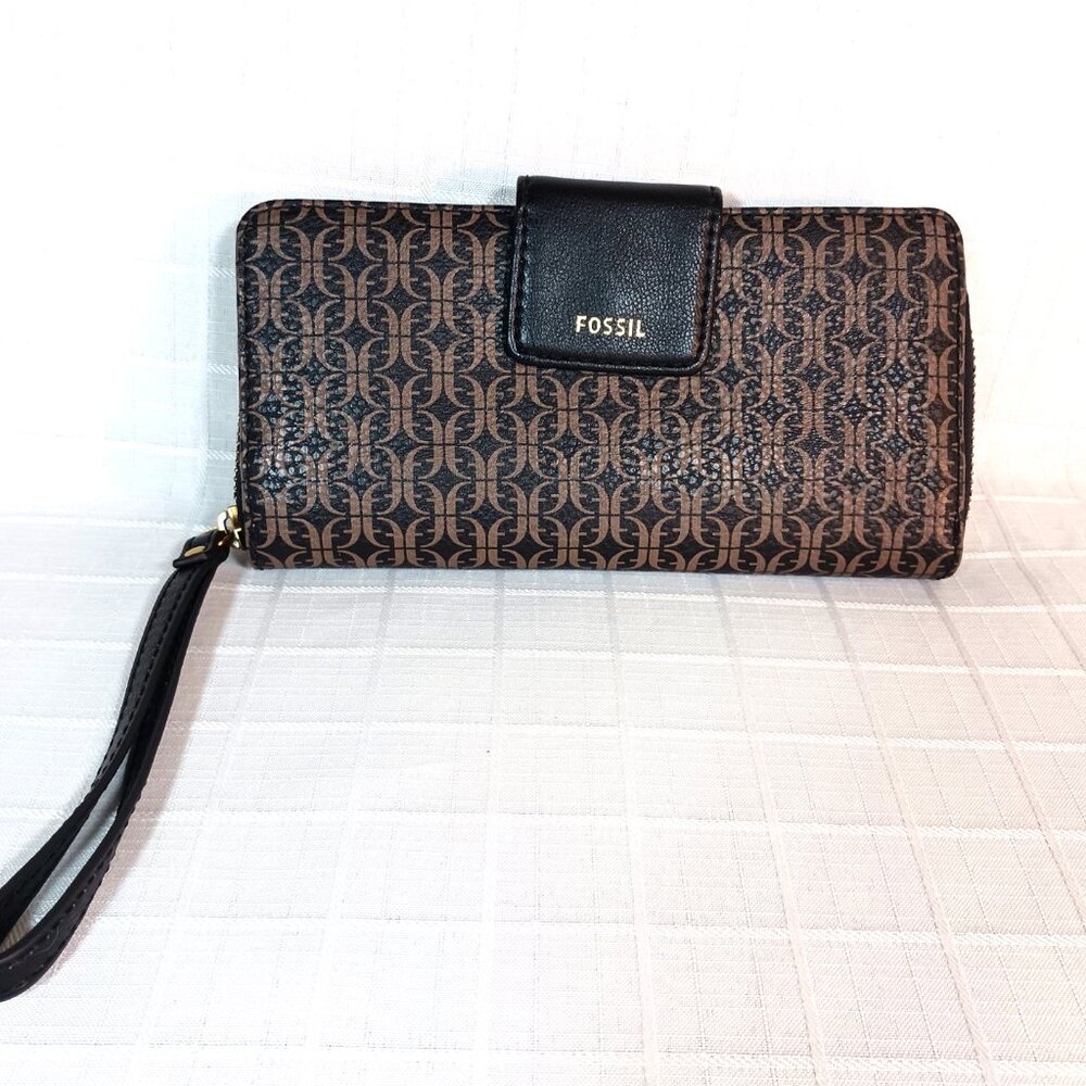 New Fossil Madison Zip Clutch Wallet Wristlet Brown/Black NWOT - Picture 2 of 10